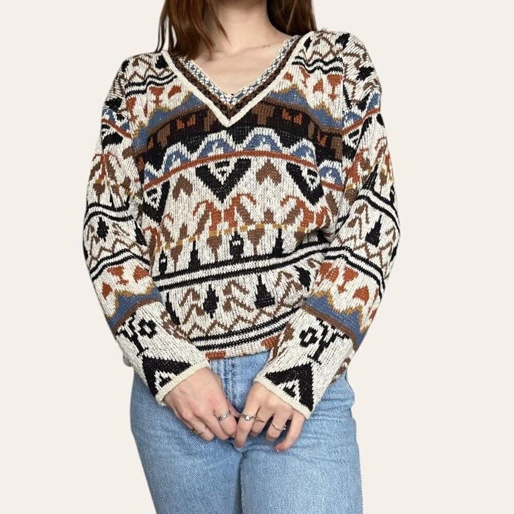 90s vintage multi-patterned neutral knit sweater Croquet Club - Medium - Picture 2 of 7